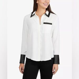 Laundry by Shelli Segal Faux Leather Trim Button-Up Shirt size XL